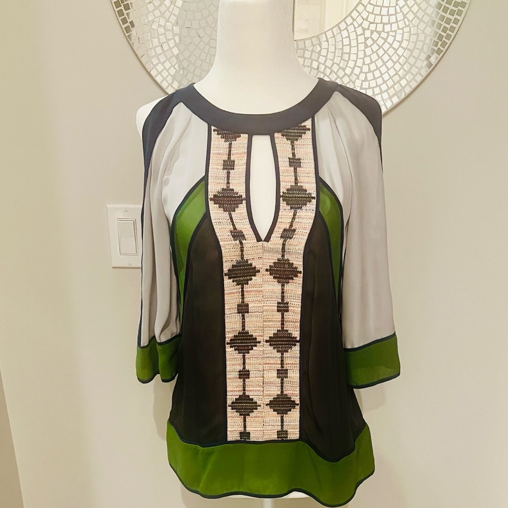 BCBG Runway Silk Embroidered Navy Blue, Gray and Green Open Shoulder Top, XXS